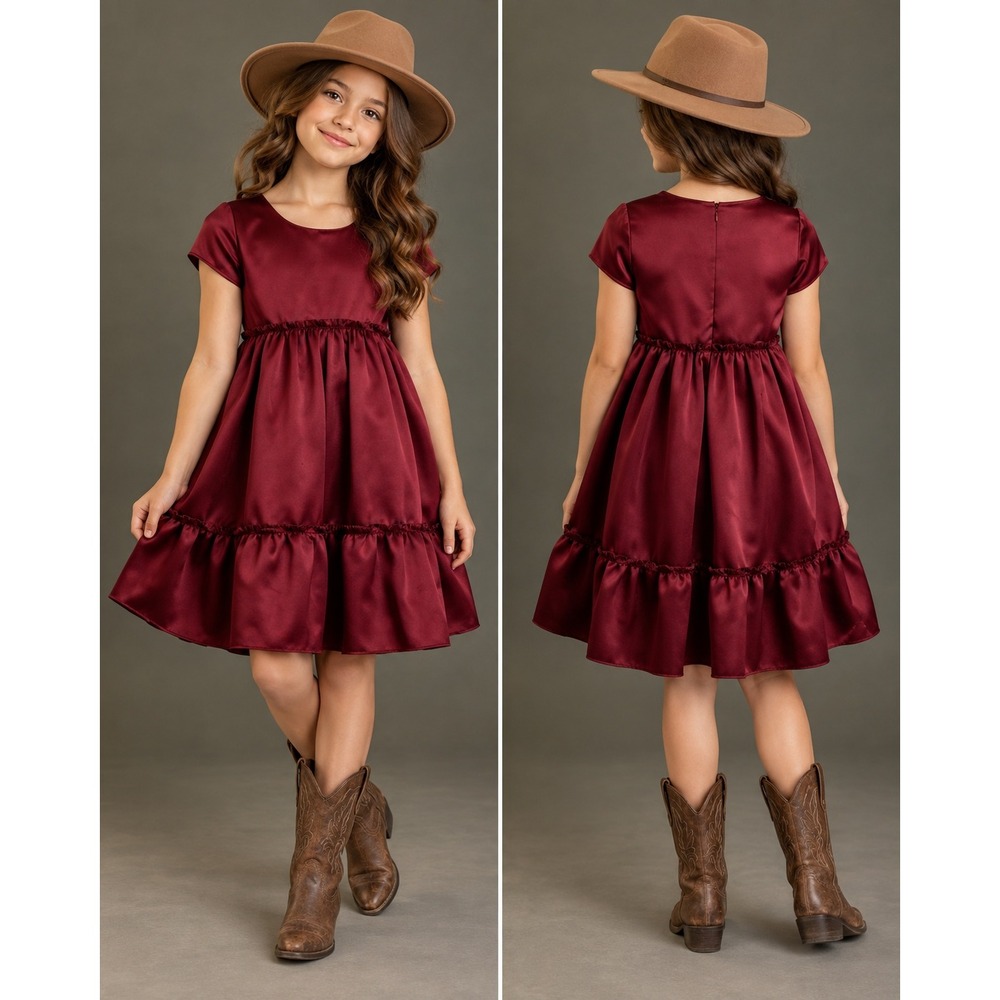 Mia Joy Joyfolie Lorelei Dress Girls 10 Burgundy Shimmer Satin Tiered Ruffle NEW
